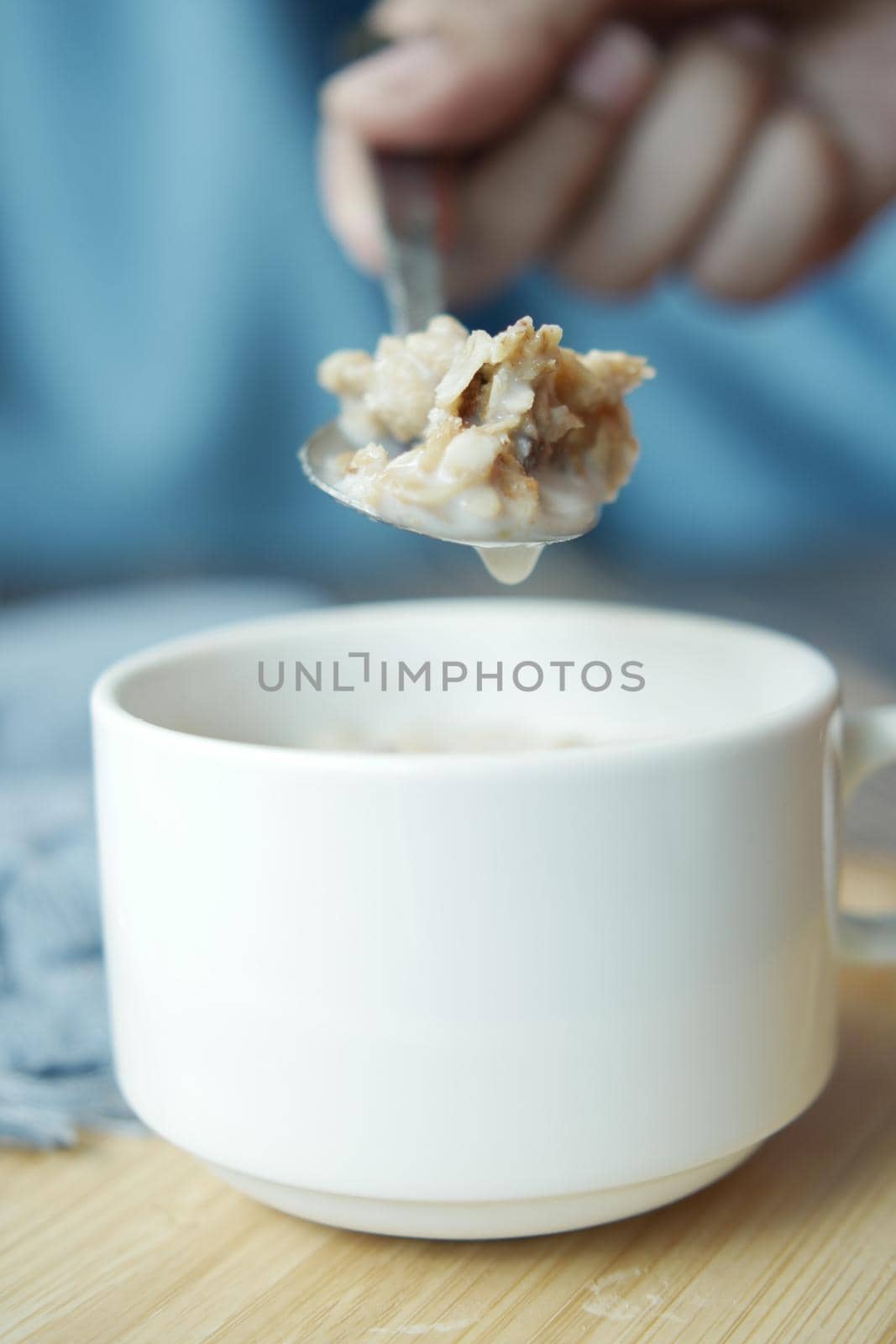 muesli chocolate flavor cereal on spoon ,