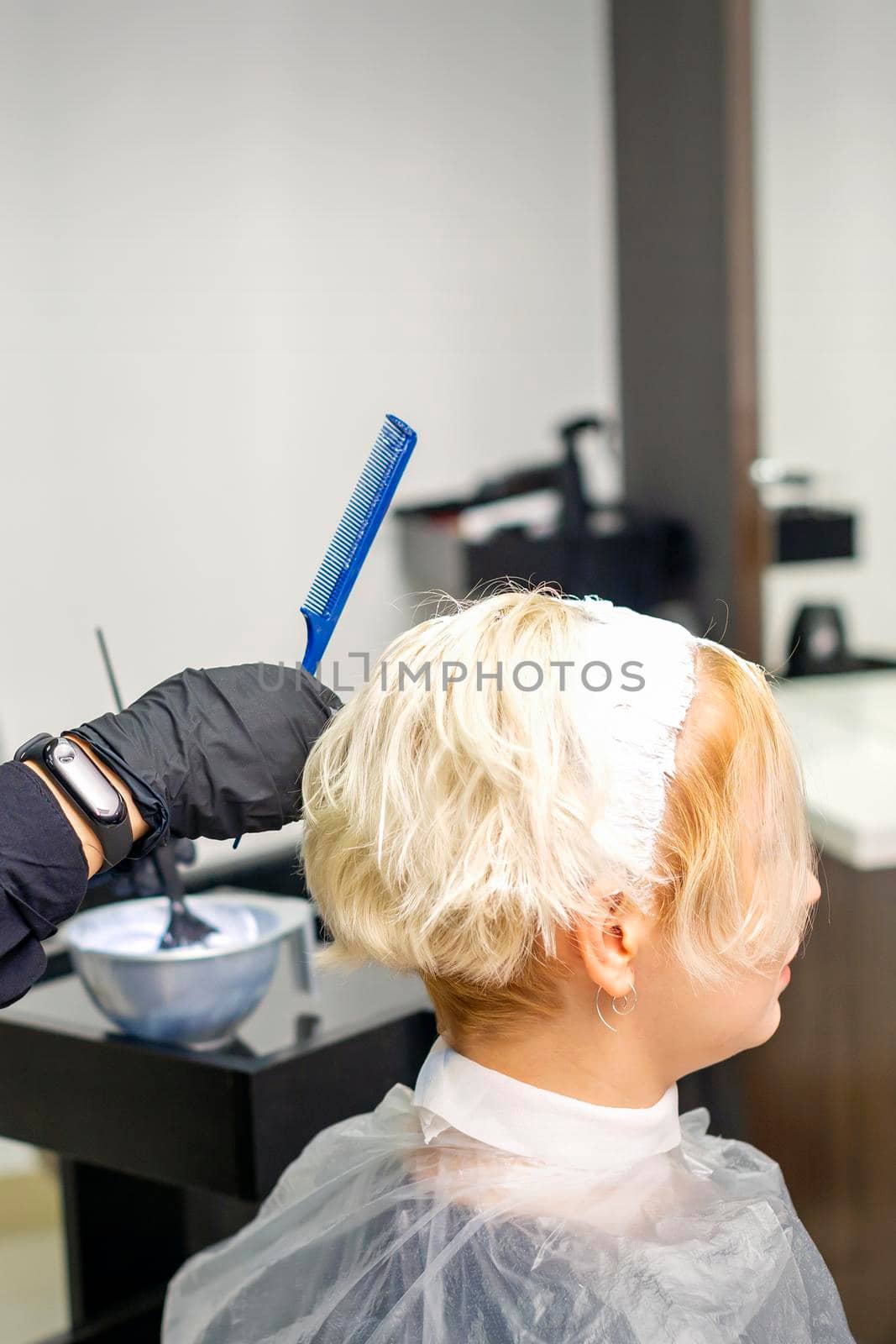 A female hairdresser is dyeing the hair of a young female client in white color in a hair salon