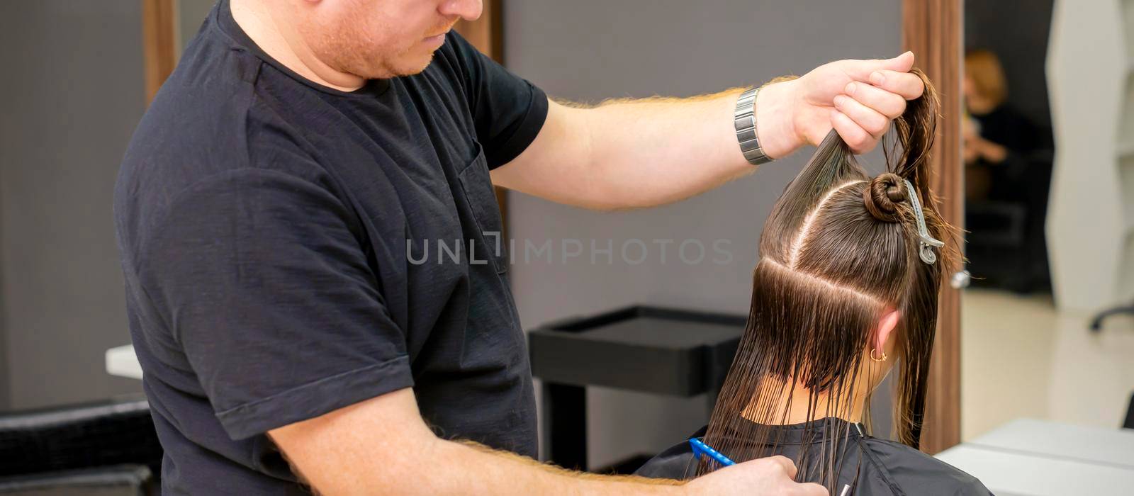 Male hairdresser splits long hair by okskukuruza