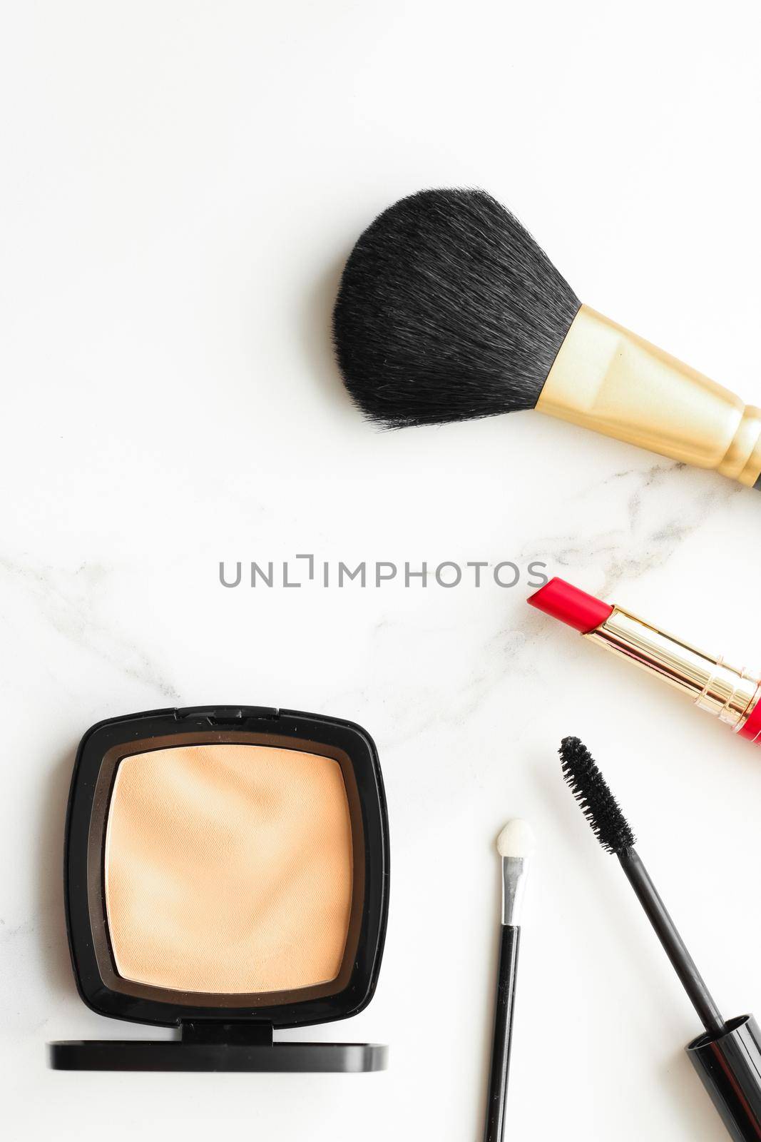 Make-up and cosmetics on marble, flatlay - modern feminine lifestyle, vlog background and styled stock concept. Beauty inspiration in a fashion blog