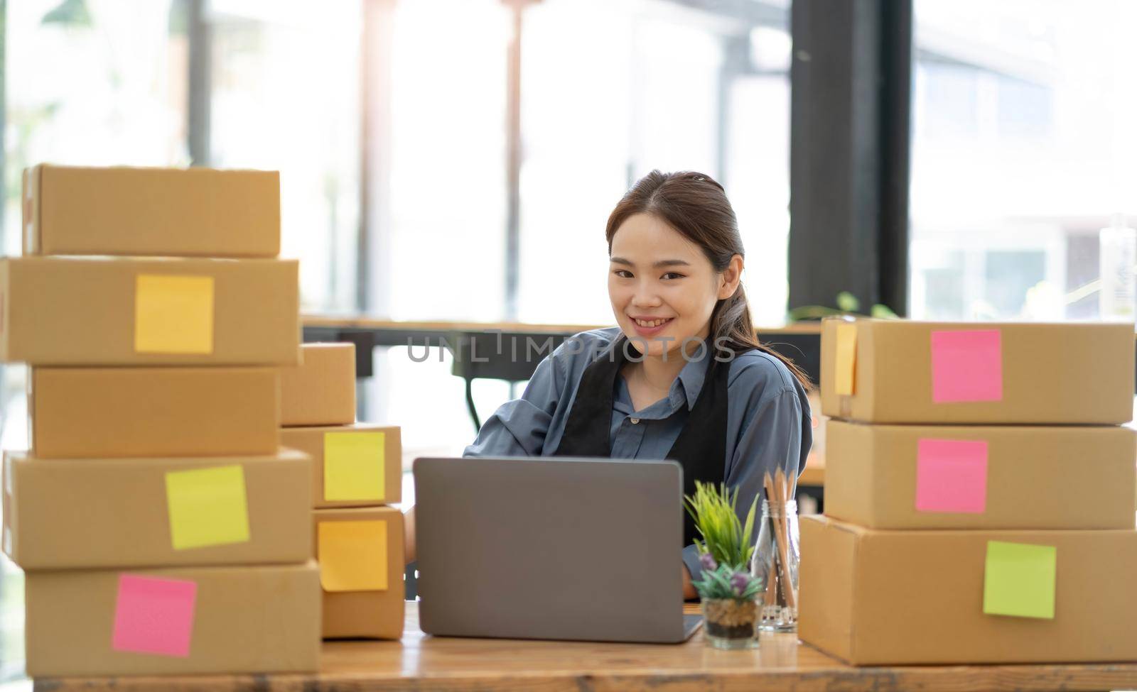 Portrait of Starting small businesses owners female entrepreneurs working on receipt box and check online orders to prepare to pack the boxes, sell to customers, sme business ideas online. by wichayada