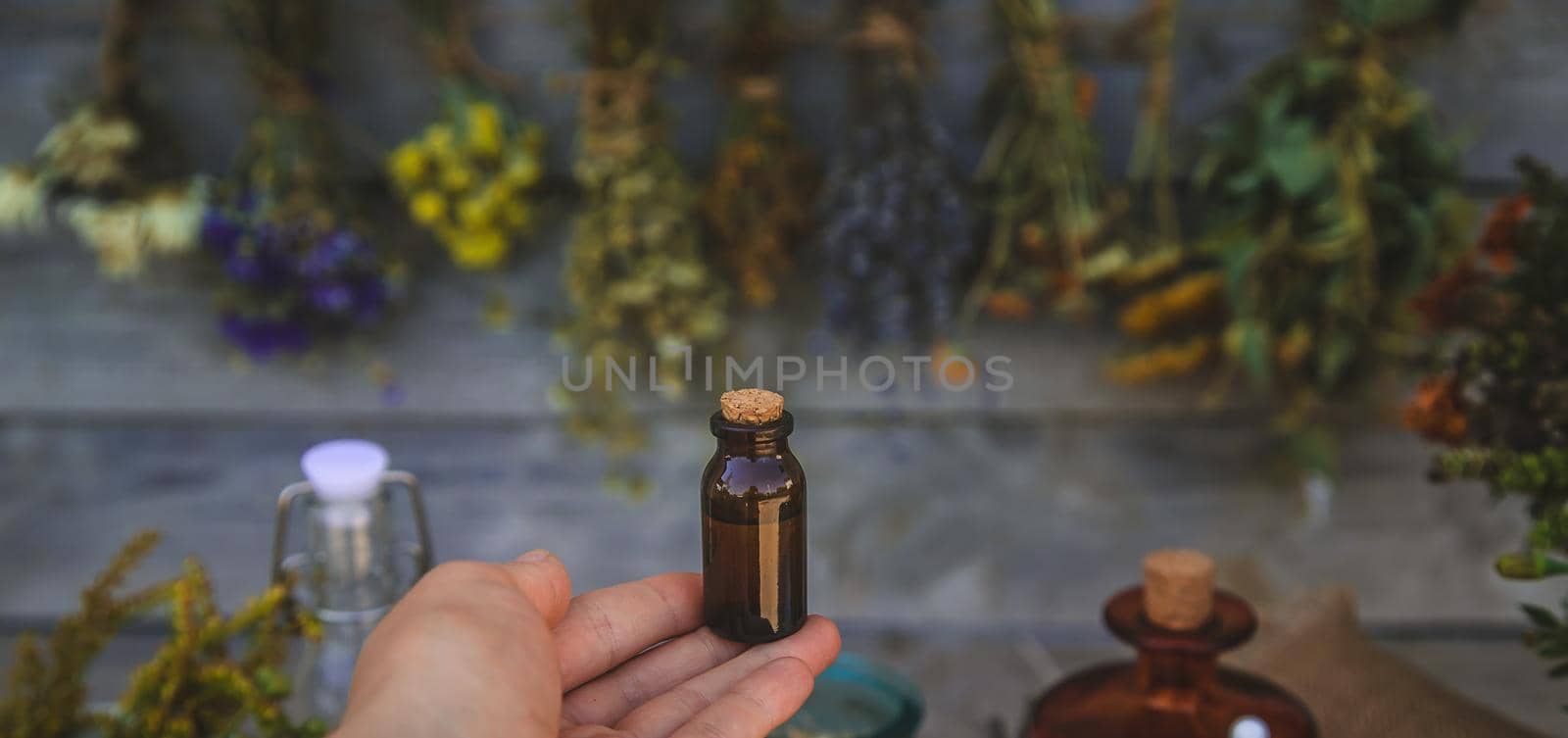 Medicinal herbs and tinctures homeopathy. Selective focus. Nature.