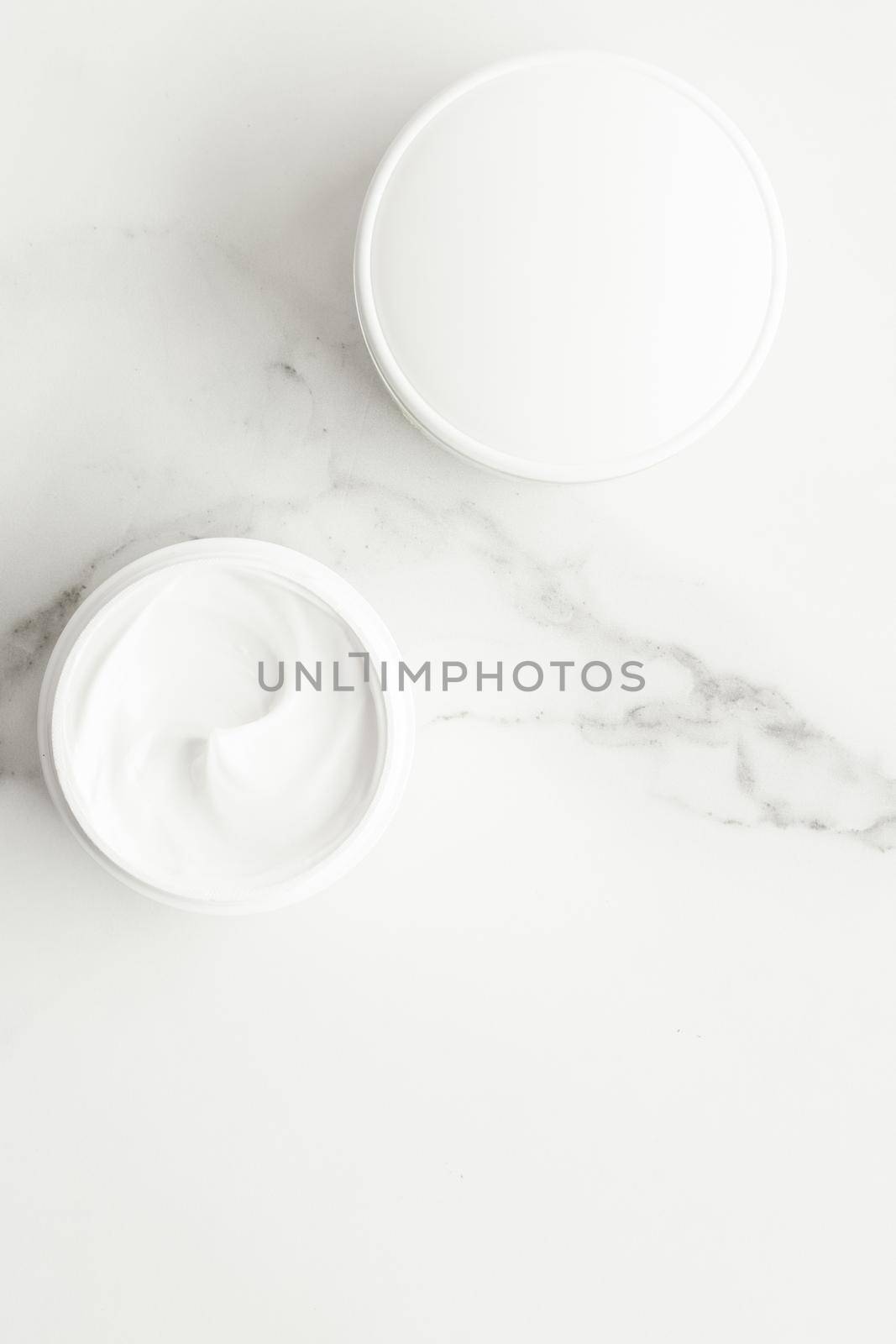 All-natural emulsion cream on marble, flatlay - skincare and body care, luxury spa and clean cosmetic concept. Time for organic beauty treatment