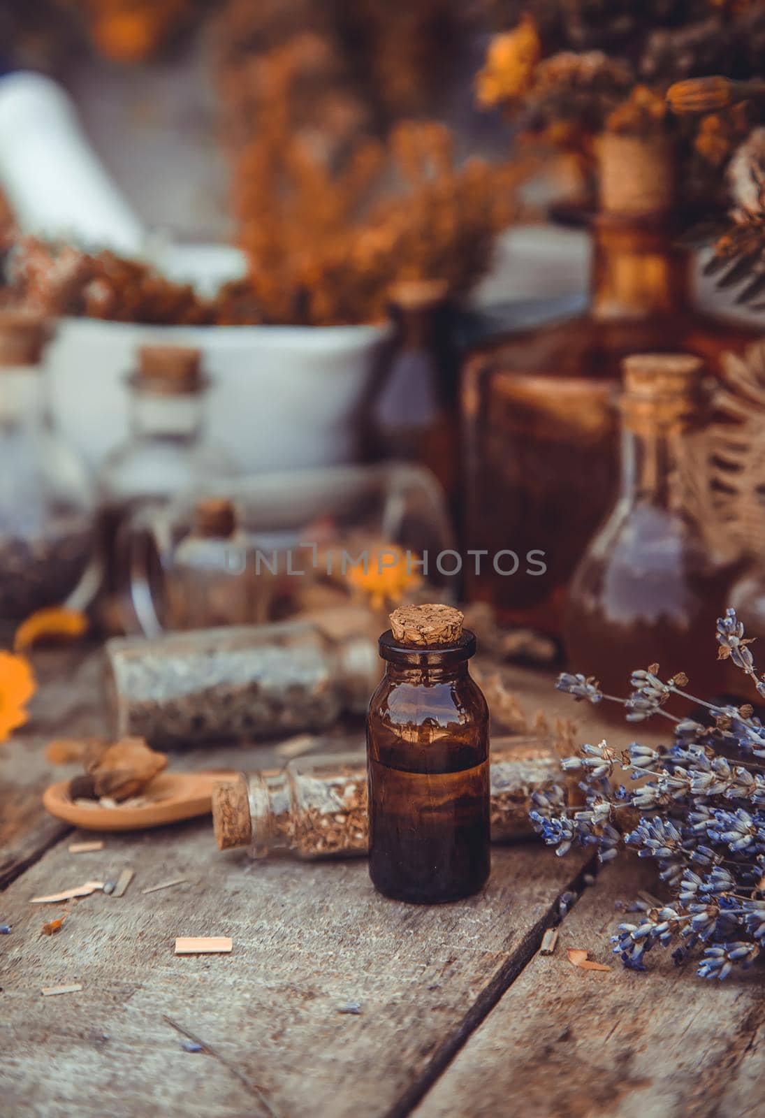 Medicinal herbs and tinctures homeopathy. Selective focus. Nature.