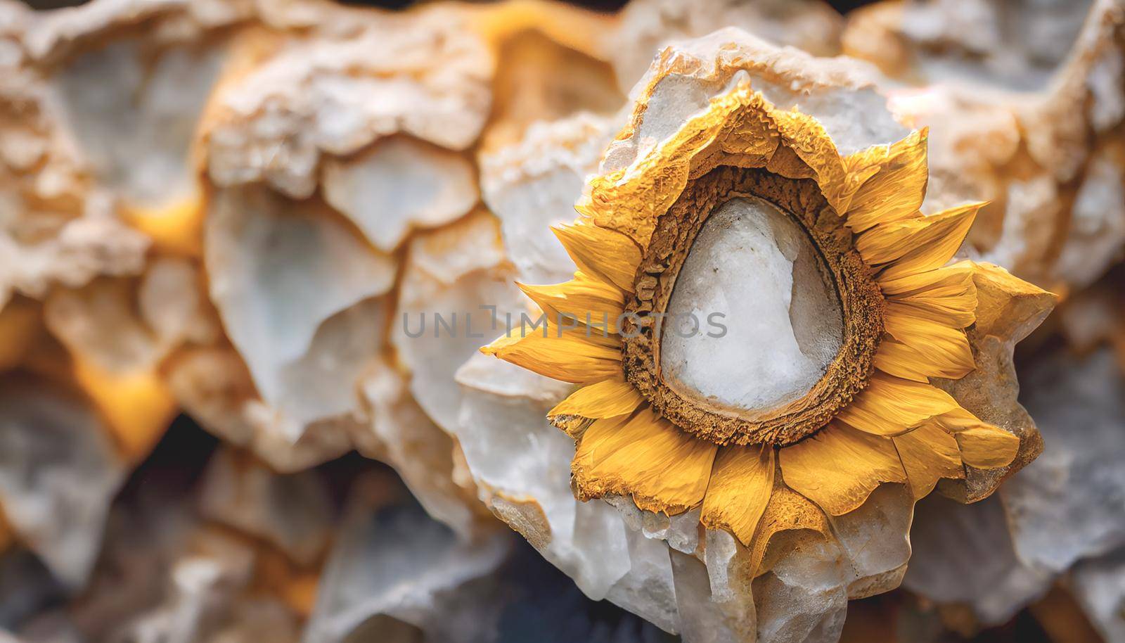 A closeup macro of a geode shaped like a sunflower protruding from a white marble rock wall. High quality photo. Digital art background