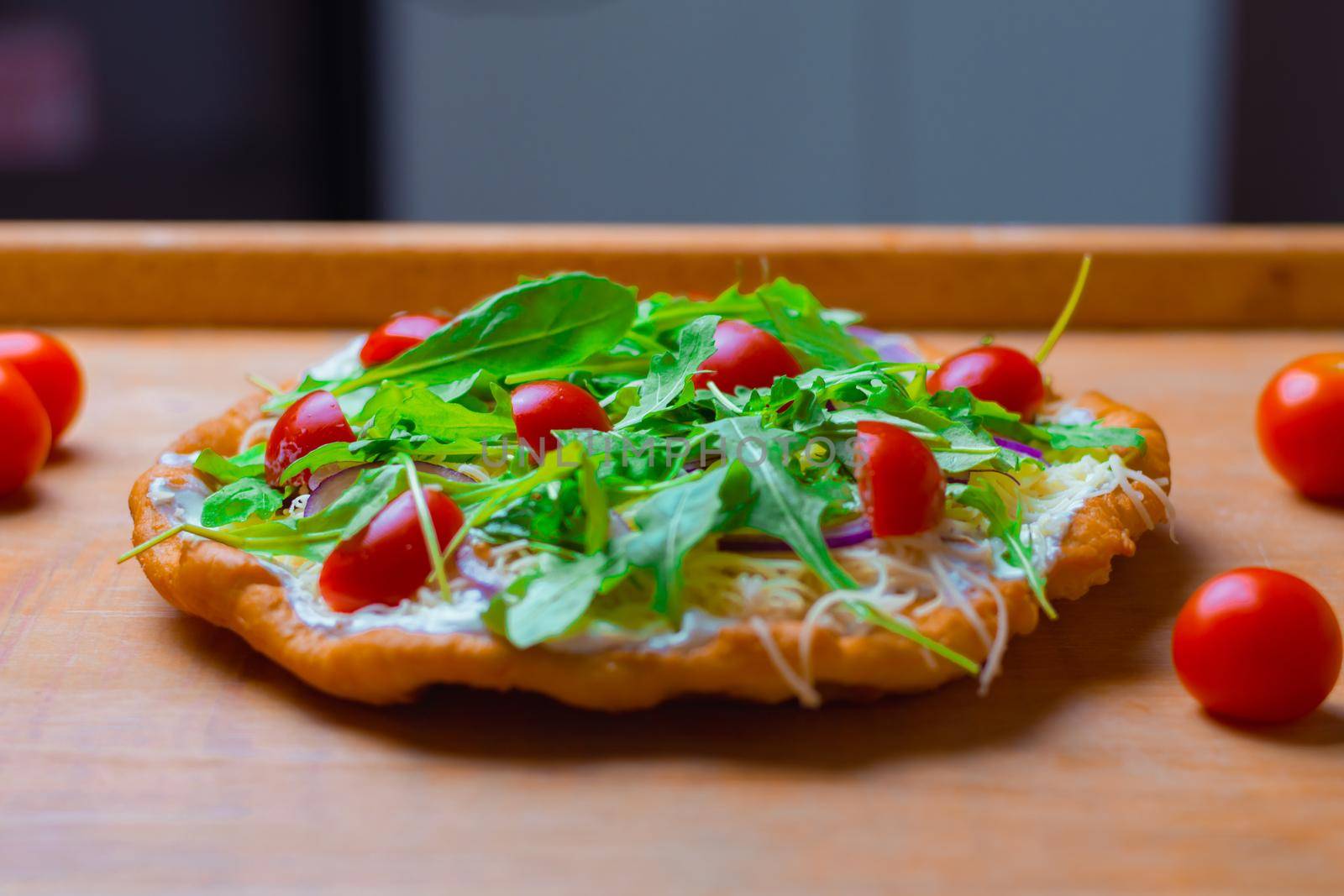 Tomato And Arugula Style Langos - Hungarian specialty by banate