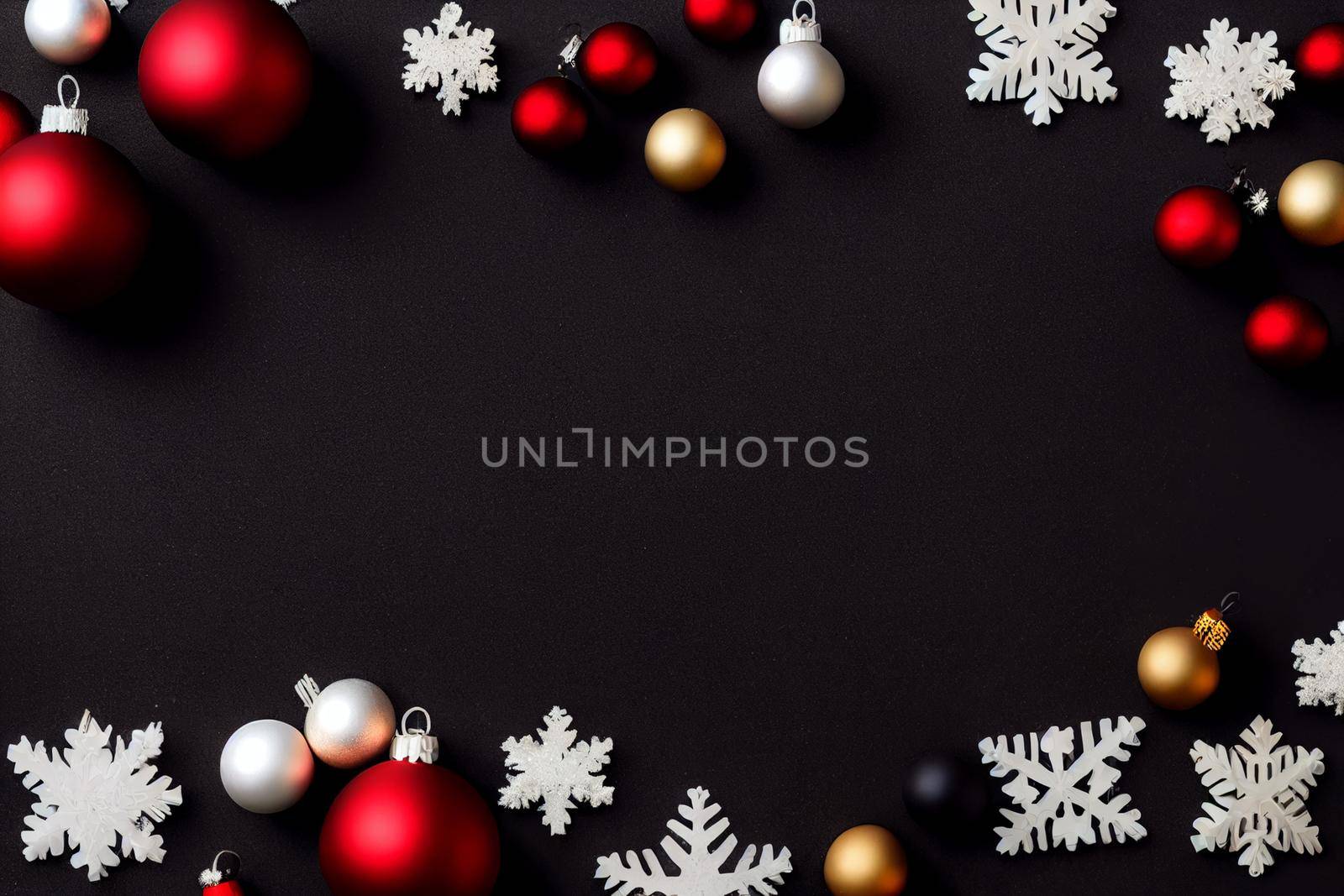 3D Render Black Xmas background with golden decorations, gifts box, balls, confetti. Christmas poster, greeting card template, web banner mockup. Flat lay, top view, copy space. High quality photo.