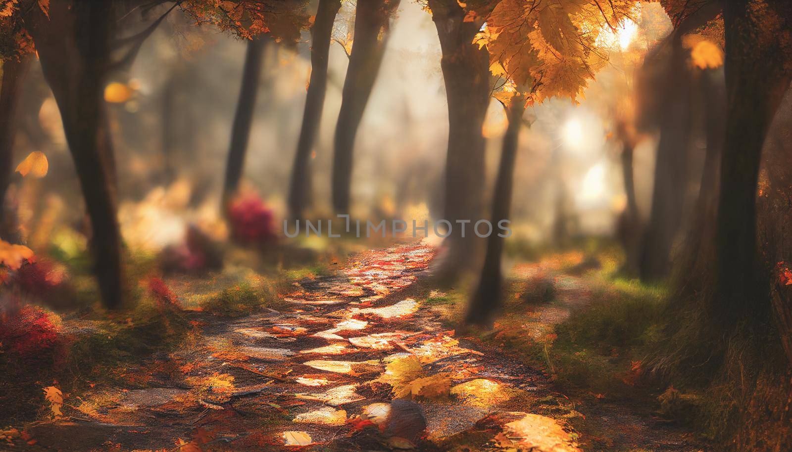 Beautiful autumn forest with winding path, digital illustration. High quality photo
