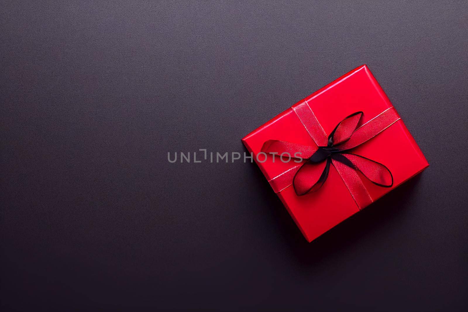 3D Render of red color gift box with black ribbon isolated against black background and Christmas decorations, top view design by FokasuArt