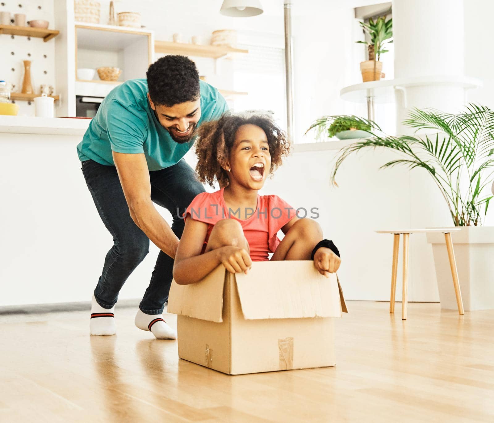 Father pushing his daughter sitting in a cardboard box, having fun at home