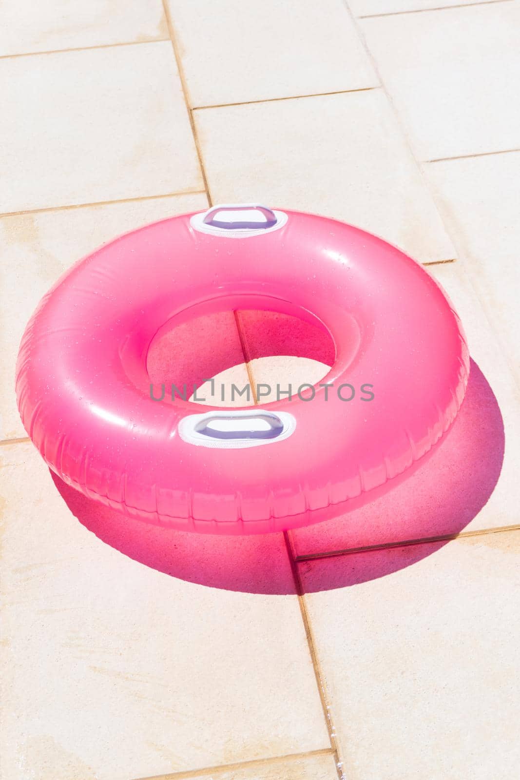 Translucent pink swim ring under the bright sun background