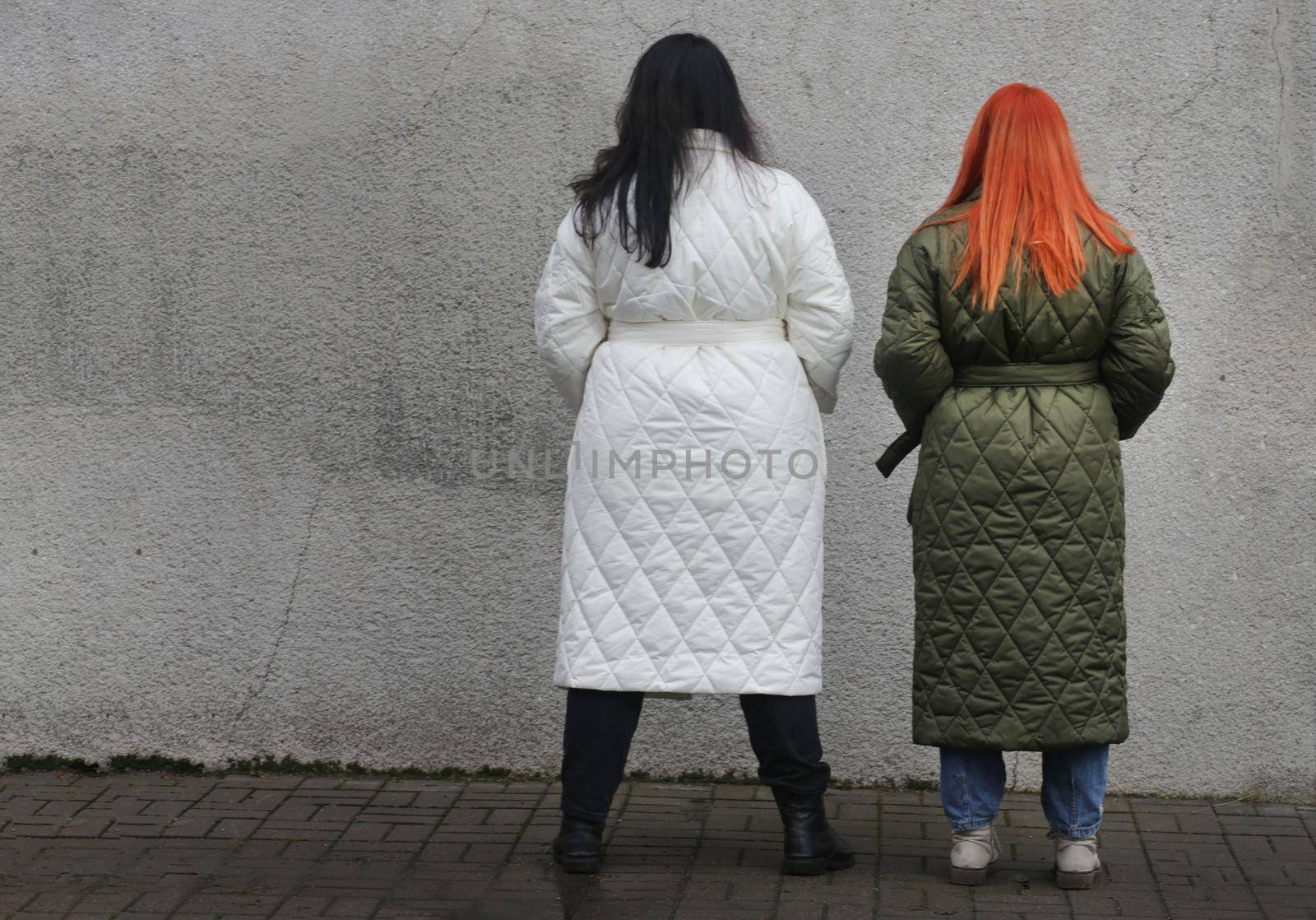 Two girls in plus-size clothes. Two girls, in white and green coats view from the back. A brown-haired girl and a brunette in plus-size clothes in green and white.