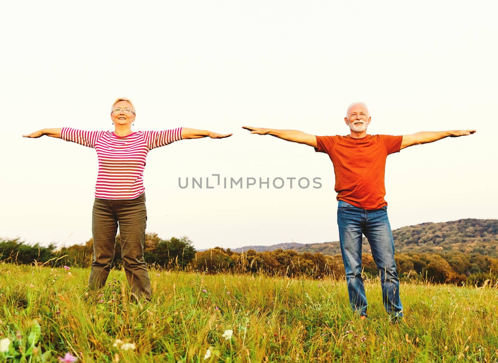 Smiling active senior couple stretching and exercising together in the park