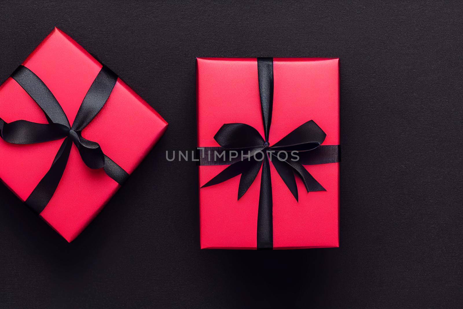 3D Render of red color gift box with black ribbon isolated against black background and Christmas decorations, top view design.