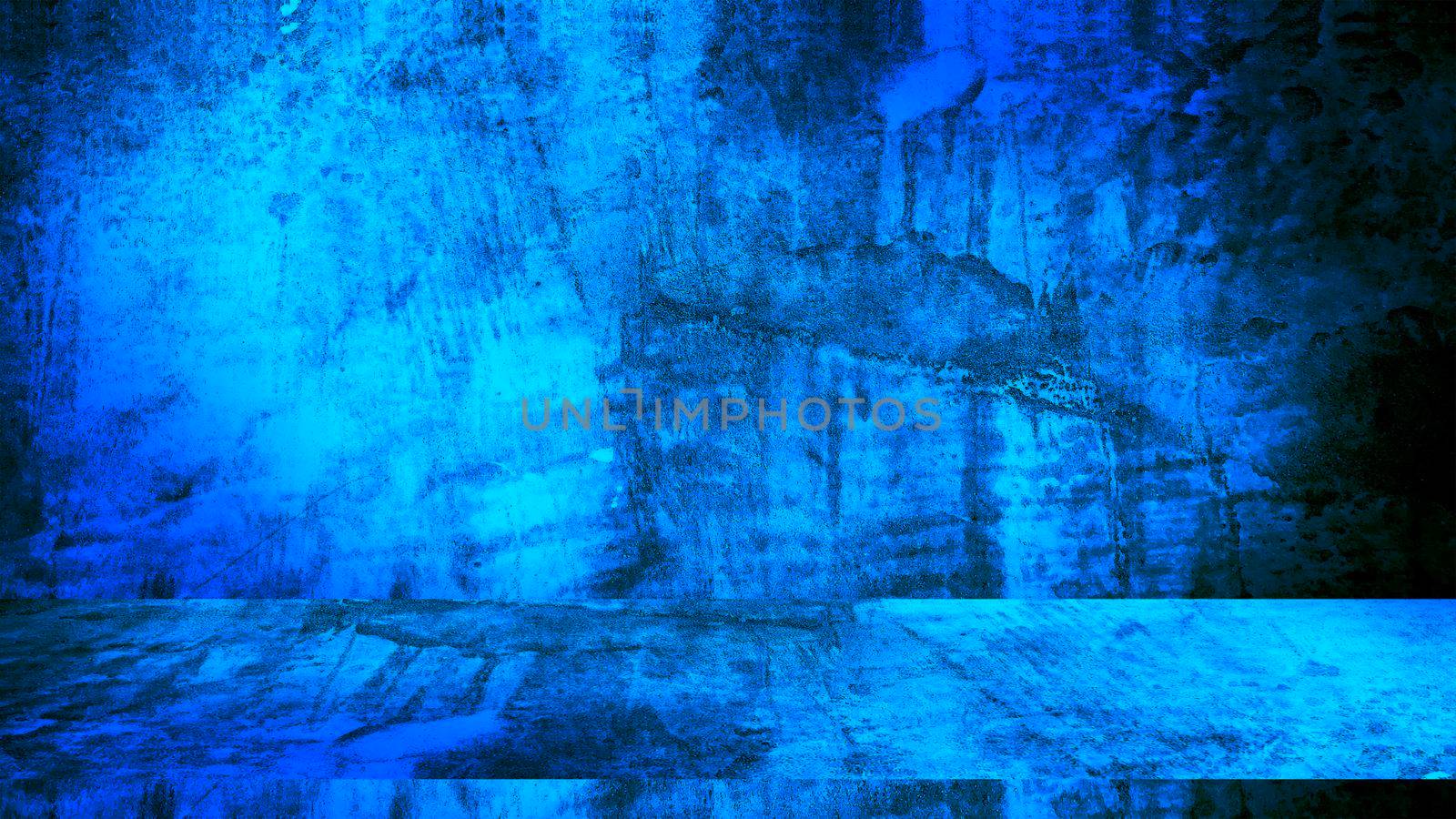 Empty Dark Concrete wall room studio Background and Floor perspective with blue soft light. Displays product and text present on free space cement. Backdrop