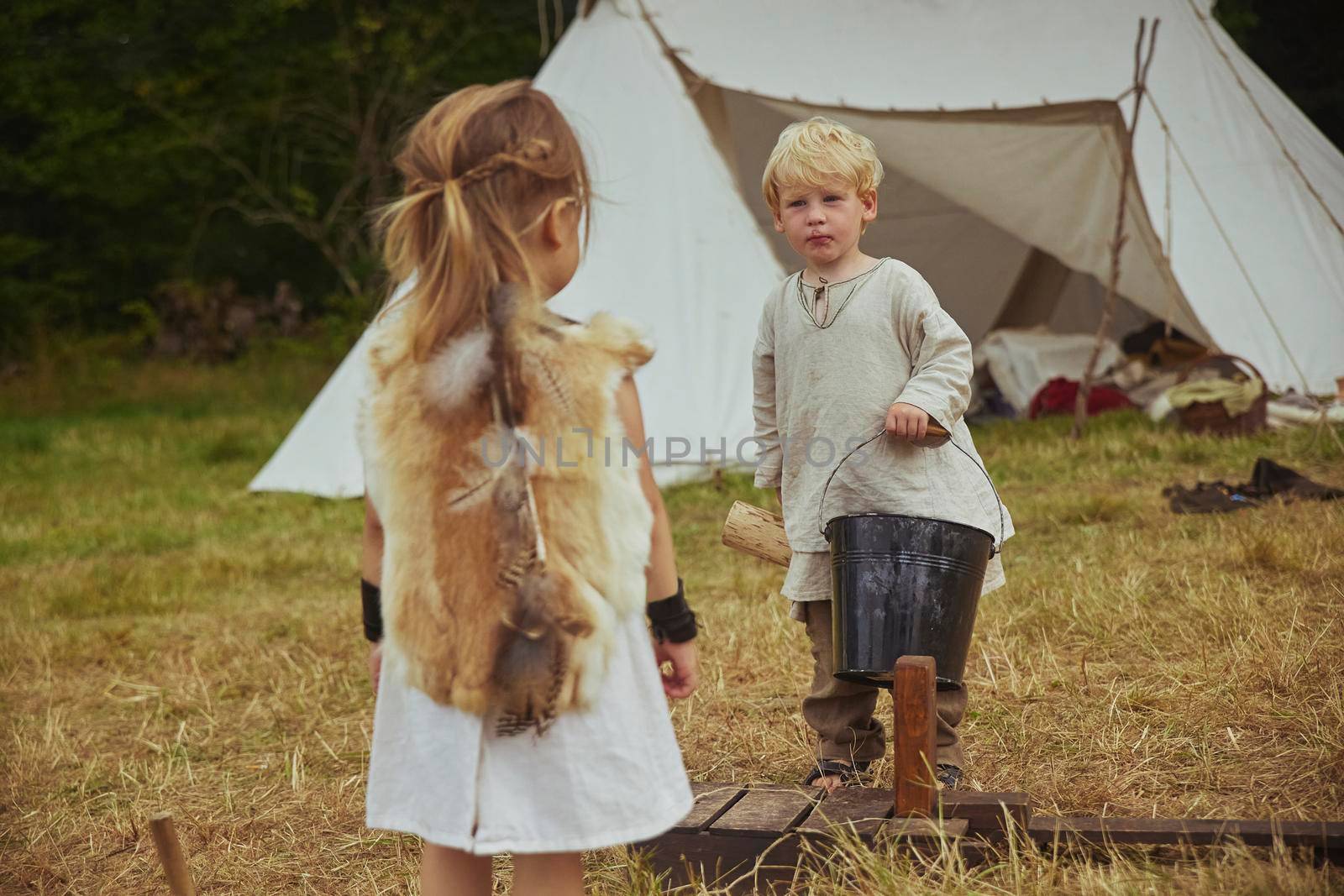 Hojbjerg, Denmark, August, 2022: Children playing at the viking festival