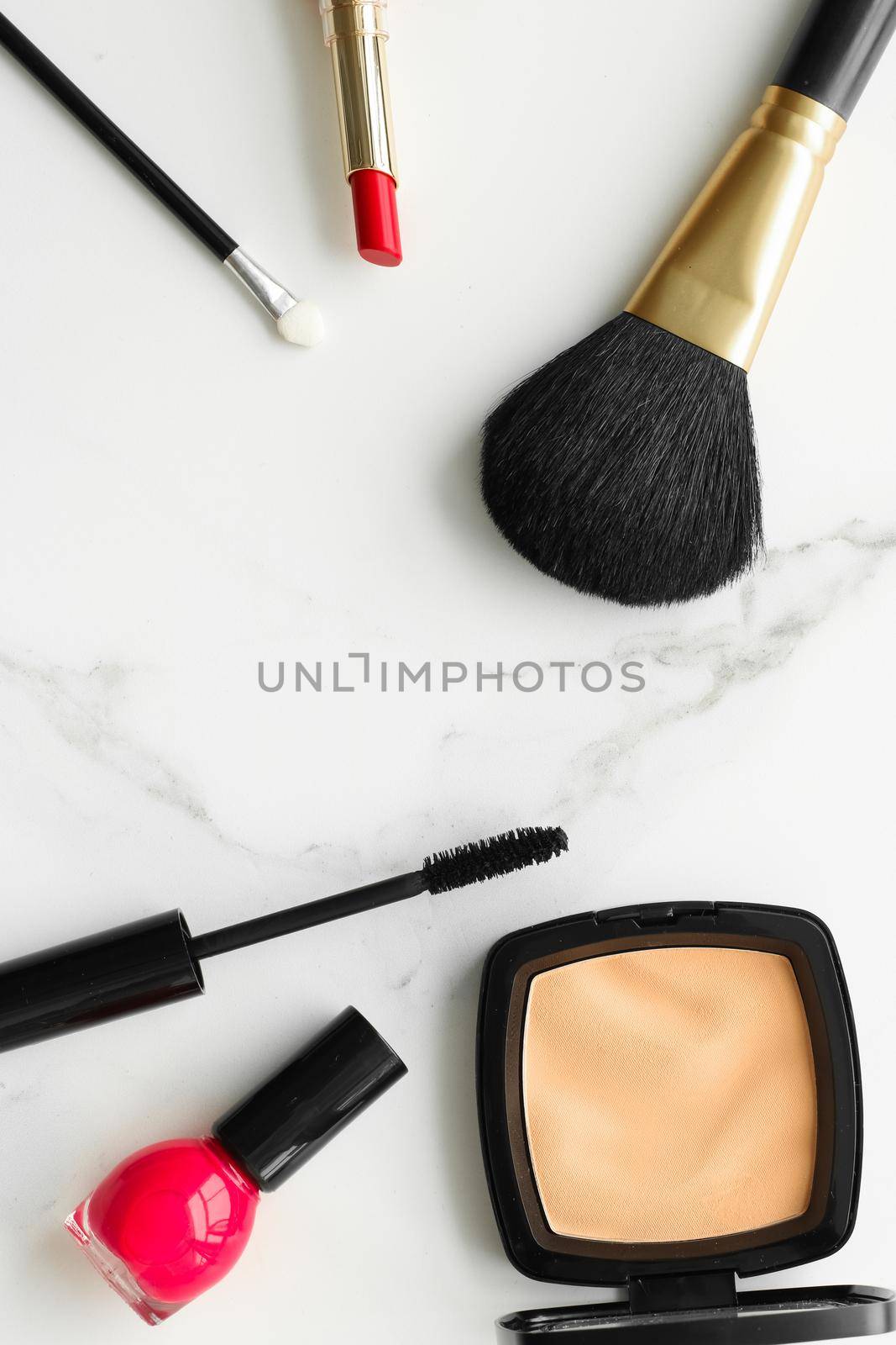 Make-up and cosmetics on marble, flatlay - modern feminine lifestyle, vlog background and styled stock concept. Beauty inspiration in a fashion blog