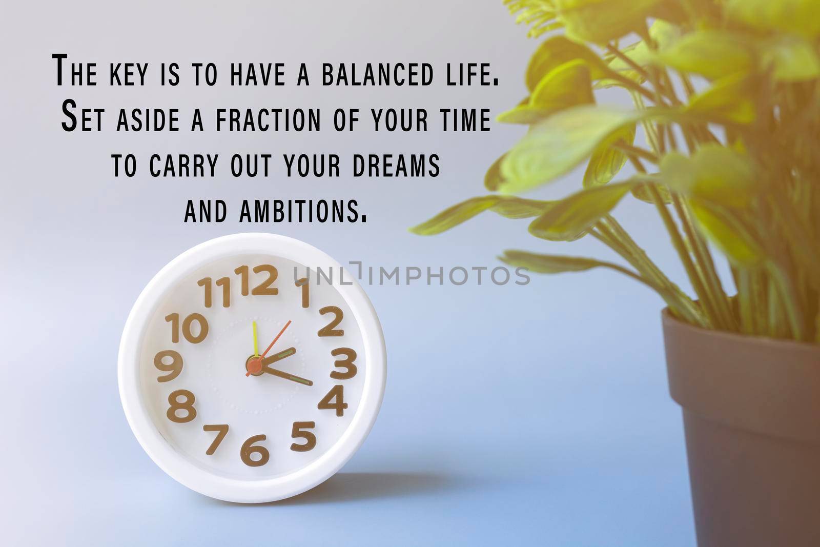 Motivational quote with white alarm clock and potted plant - The key is to have a balance life. Set aside a fraction of your time to carry out your dreams and ambitions.