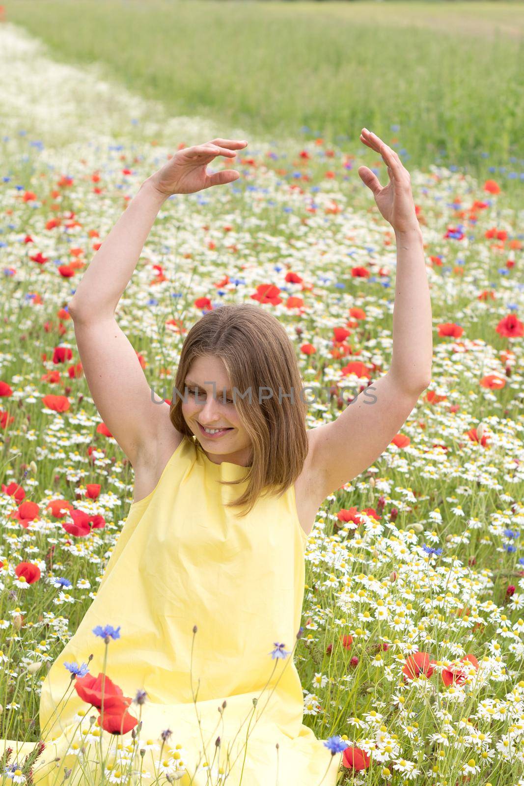 a beautiful young blonde woman in a yellow dress stands among a flowering field by KaterinaDalemans