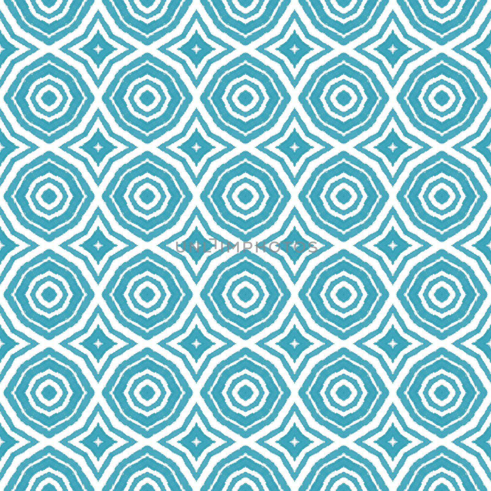 Exotic seamless pattern. Turquoise symmetrical kaleidoscope background. Summer swimwear exotic seamless design. Textile ready pleasing print, swimwear fabric, wallpaper, wrapping.