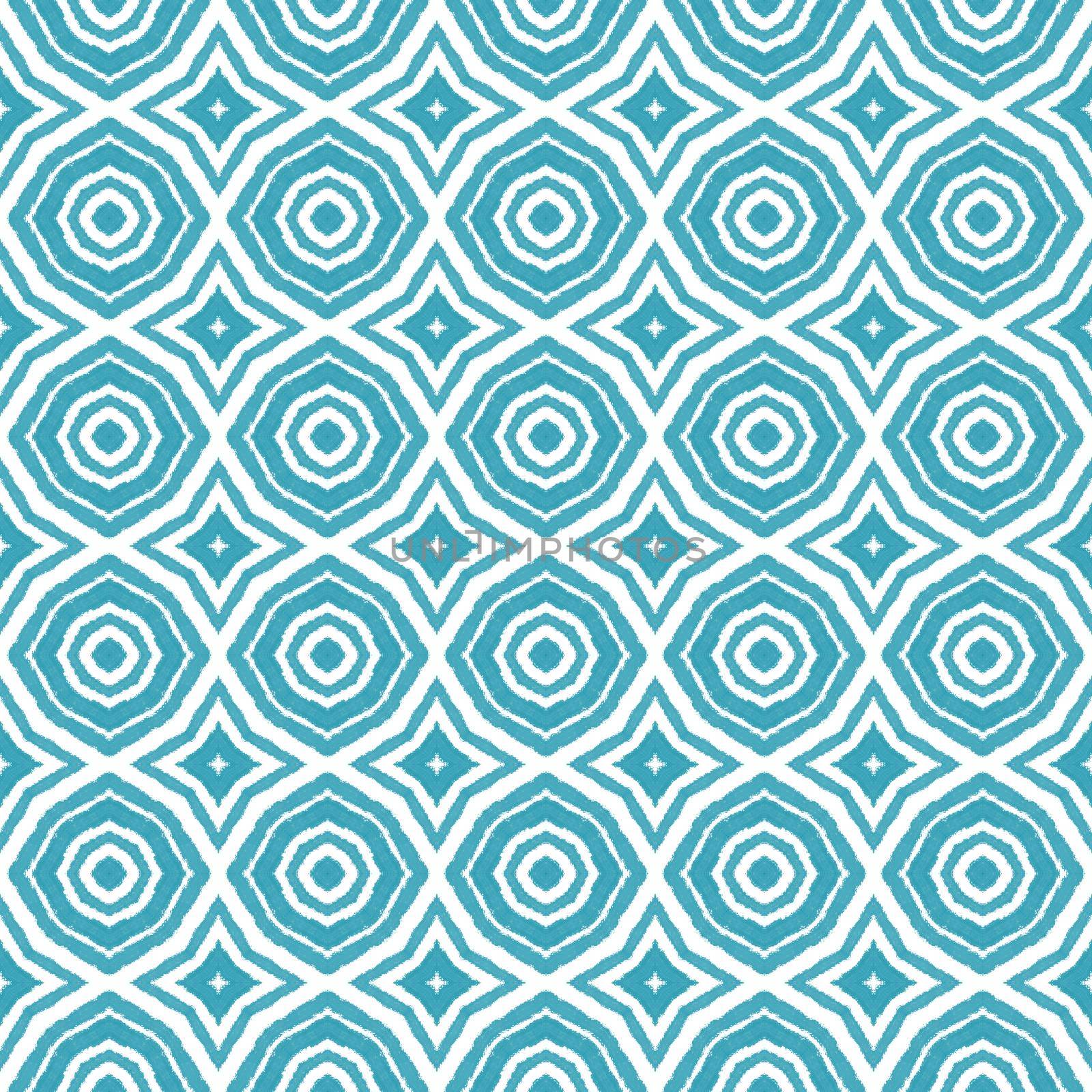 Exotic seamless pattern. Turquoise symmetrical kaleidoscope background. Summer swimwear exotic seamless design. Textile ready pleasing print, swimwear fabric, wallpaper, wrapping.