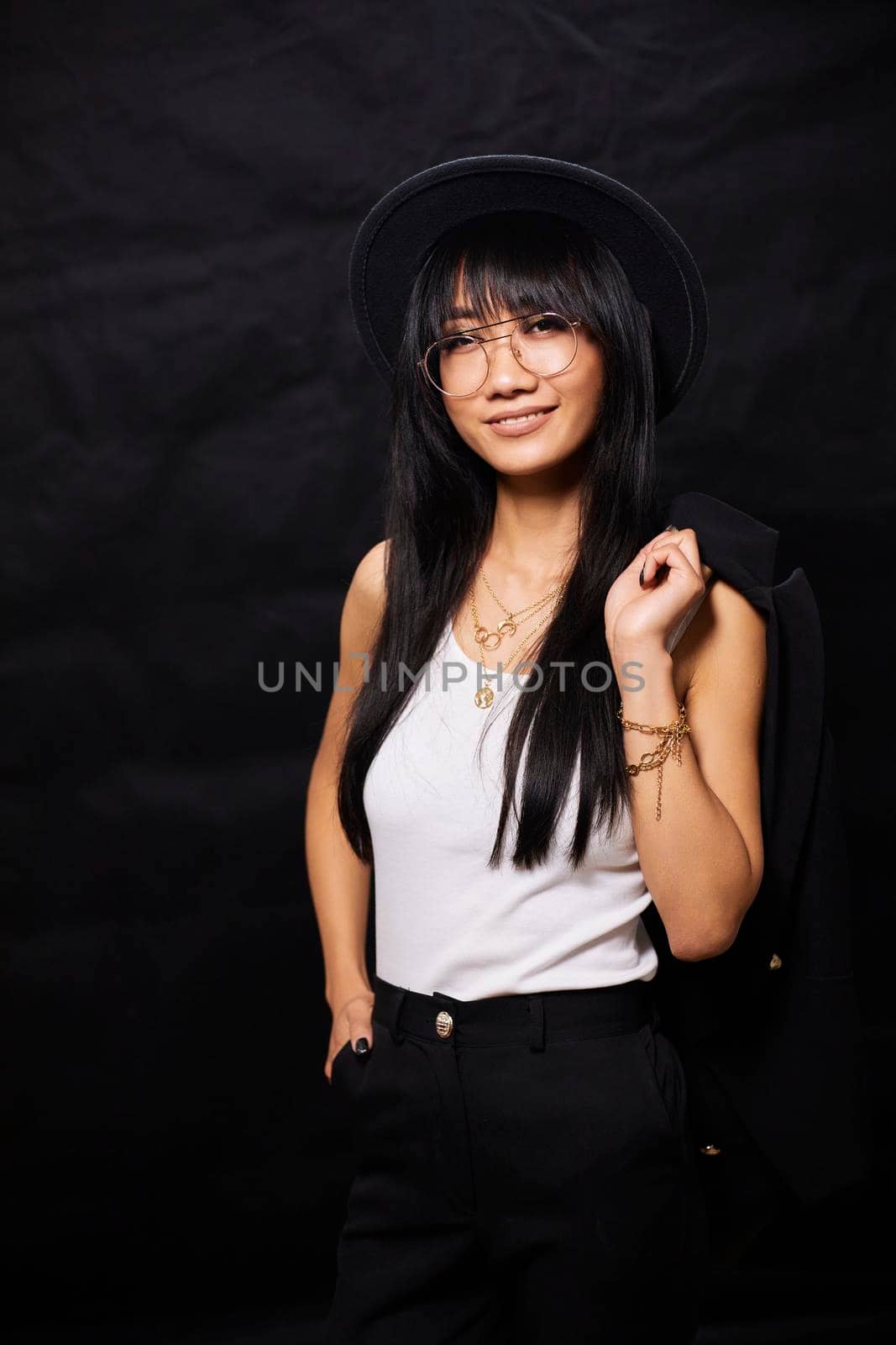 portrait shot of young happy asian or vietnamese woman, enjoying lifestyle, joy, happiness, photo on black background. by mosfet_ua