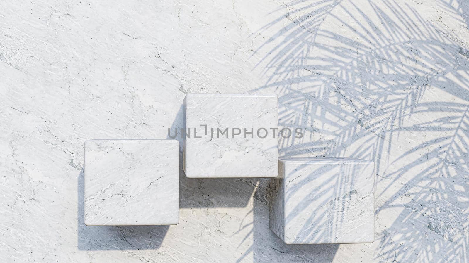 A 3d rendering image of white marble product display on white marble wall.