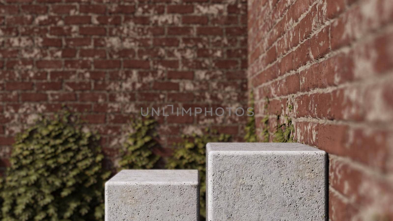 A 3d rendering image of white concrete product display on brick wall which have ivy climbed.