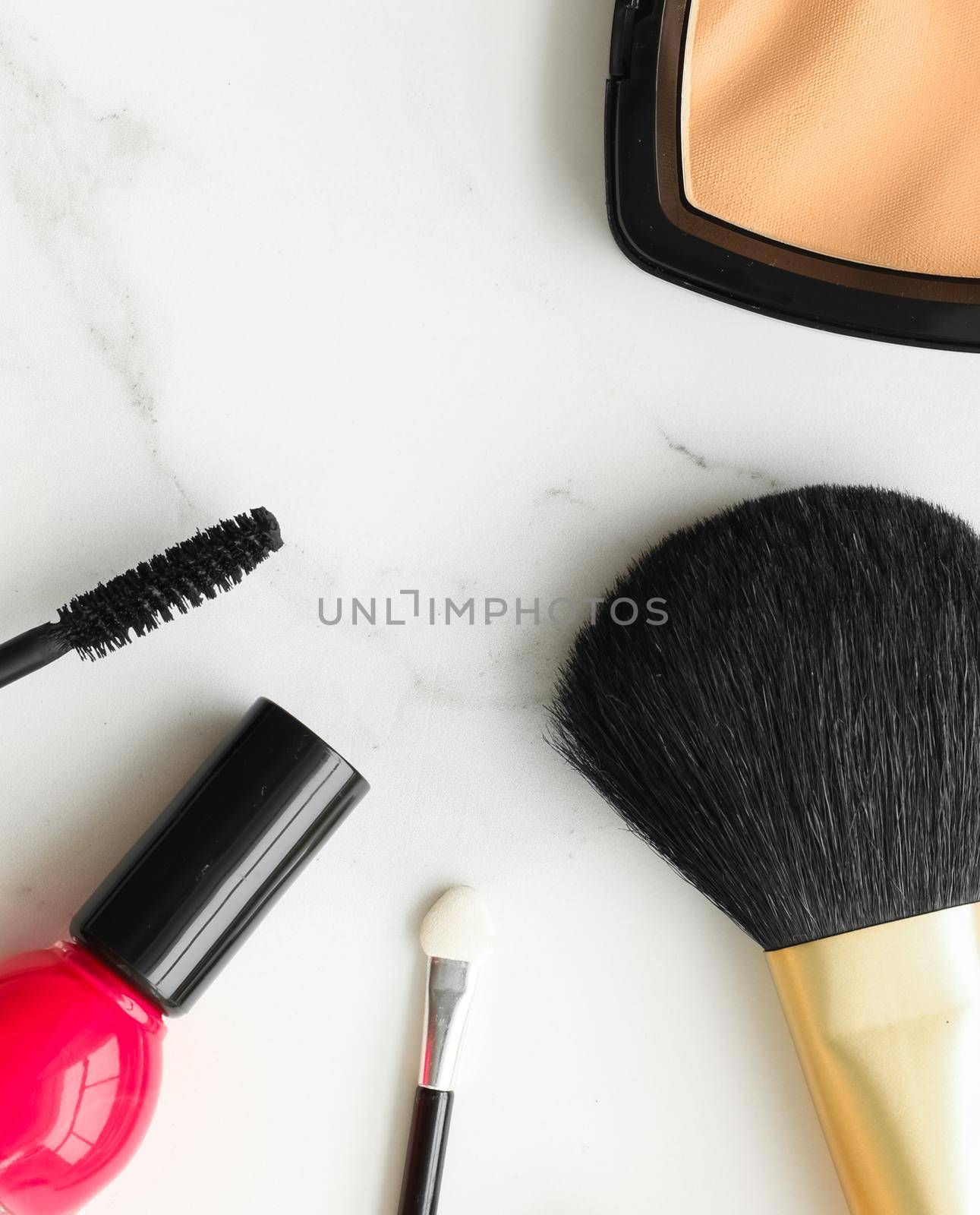 Make-up and cosmetics on marble, flatlay - modern feminine lifestyle, vlog background and styled stock concept. Beauty inspiration in a fashion blog