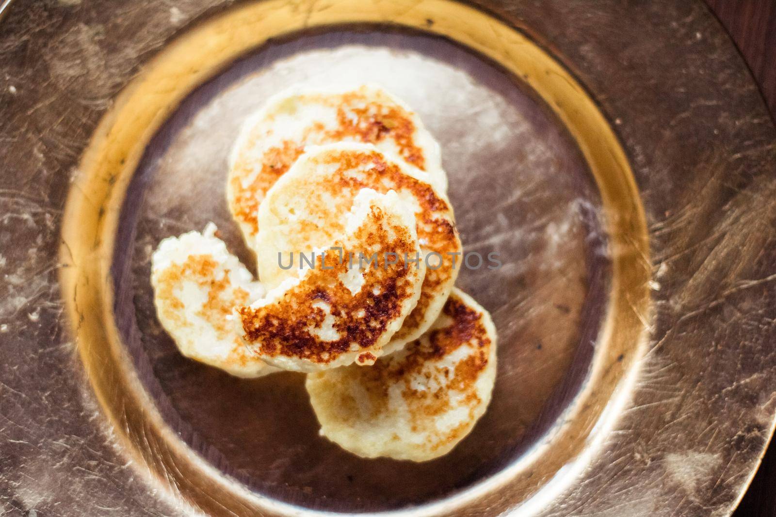 Lactose free, low carb cottage cheese pancakes, cookbook recipe - healthy nutrition, rustic and traditional food concept. Your favourite homemade breakfast is served