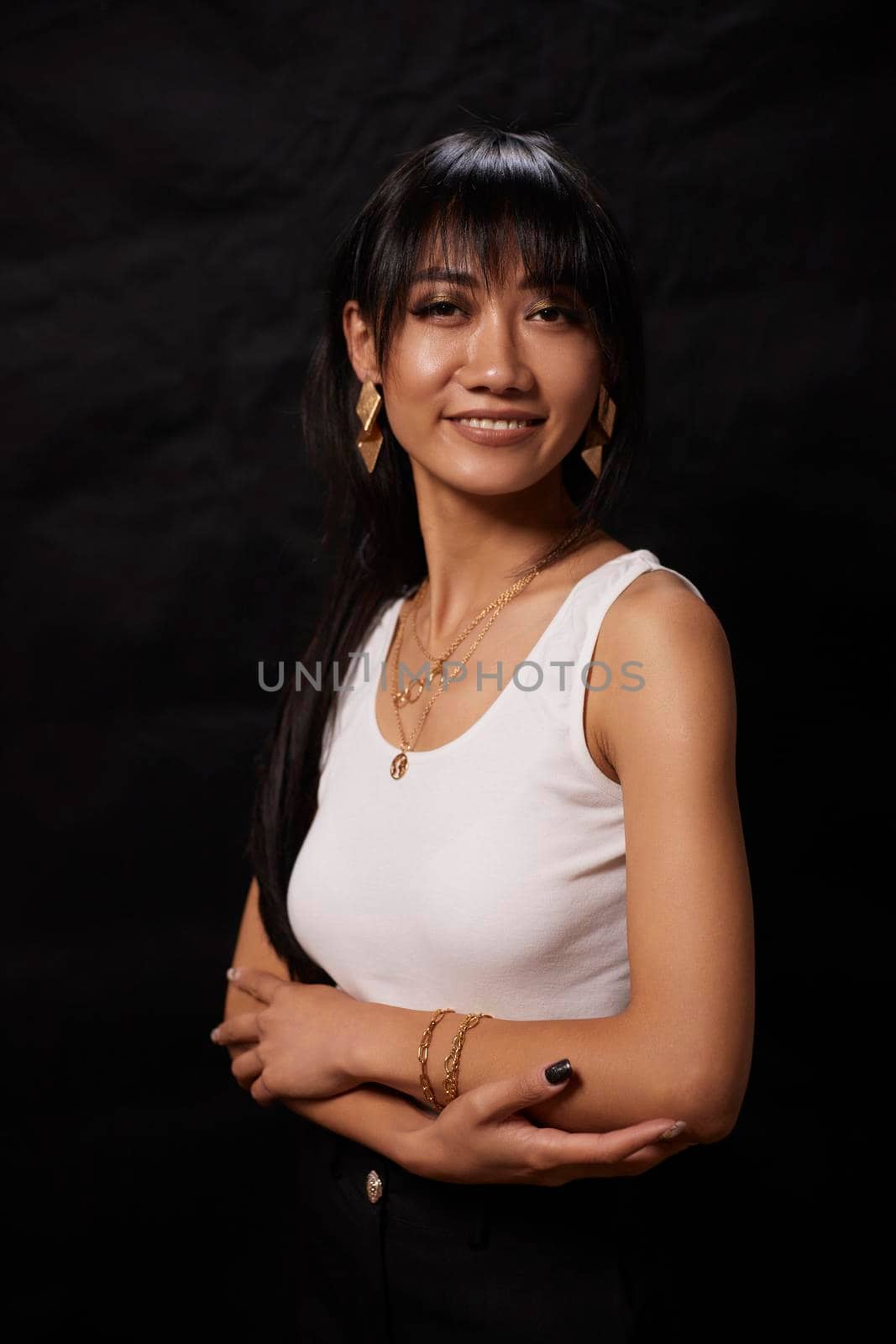 portrait shot of young happy asian or vietnamese woman, enjoying lifestyle, joy, happiness, photo on black background. by mosfet_ua