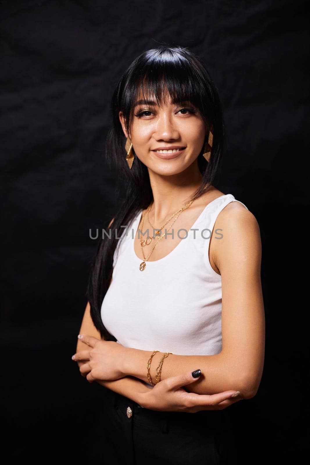 portrait shot of young happy asian or vietnamese woman, enjoying lifestyle, joy, happiness, photo on black background. by mosfet_ua