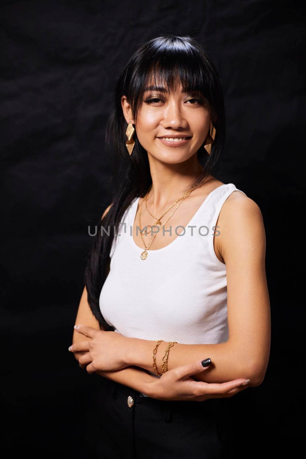 portrait shot of young happy asian or vietnamese woman, enjoying lifestyle, joy, happiness, photo on black background. by mosfet_ua