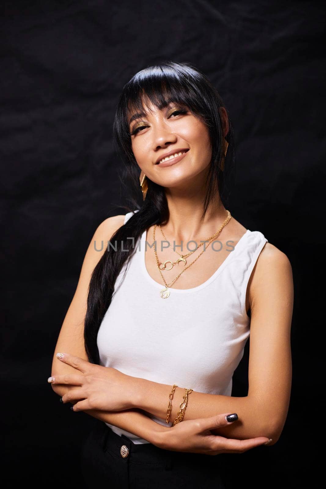 portrait shot of young happy asian or vietnamese woman, enjoying lifestyle, joy, happiness, photo on black background. by mosfet_ua