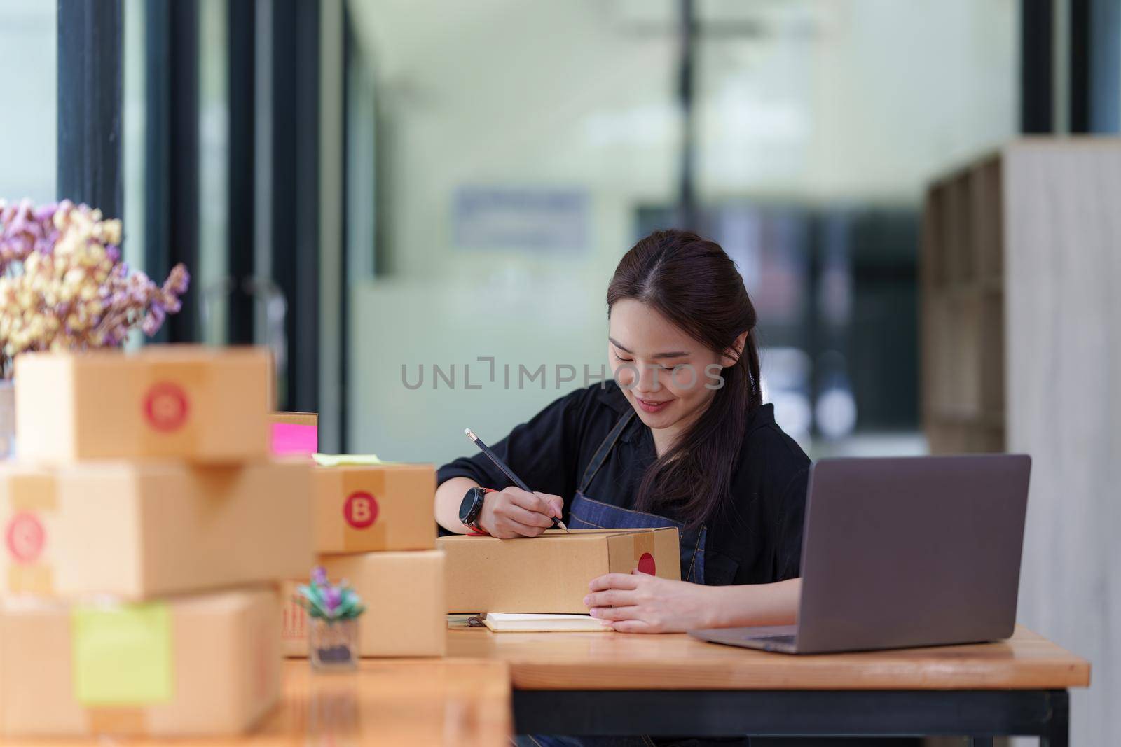 Portrait of modern Asian SME business woman entrepreneur at home office.