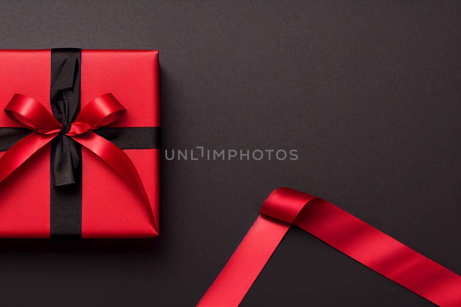 3D Render of red color gift box with black ribbon isolated against black background and Christmas decorations, top view design.