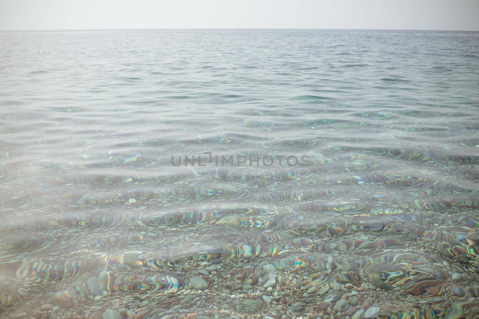 Seascape, evening scenery with moon horizon line. Water reflection, ocean background, aqua surface