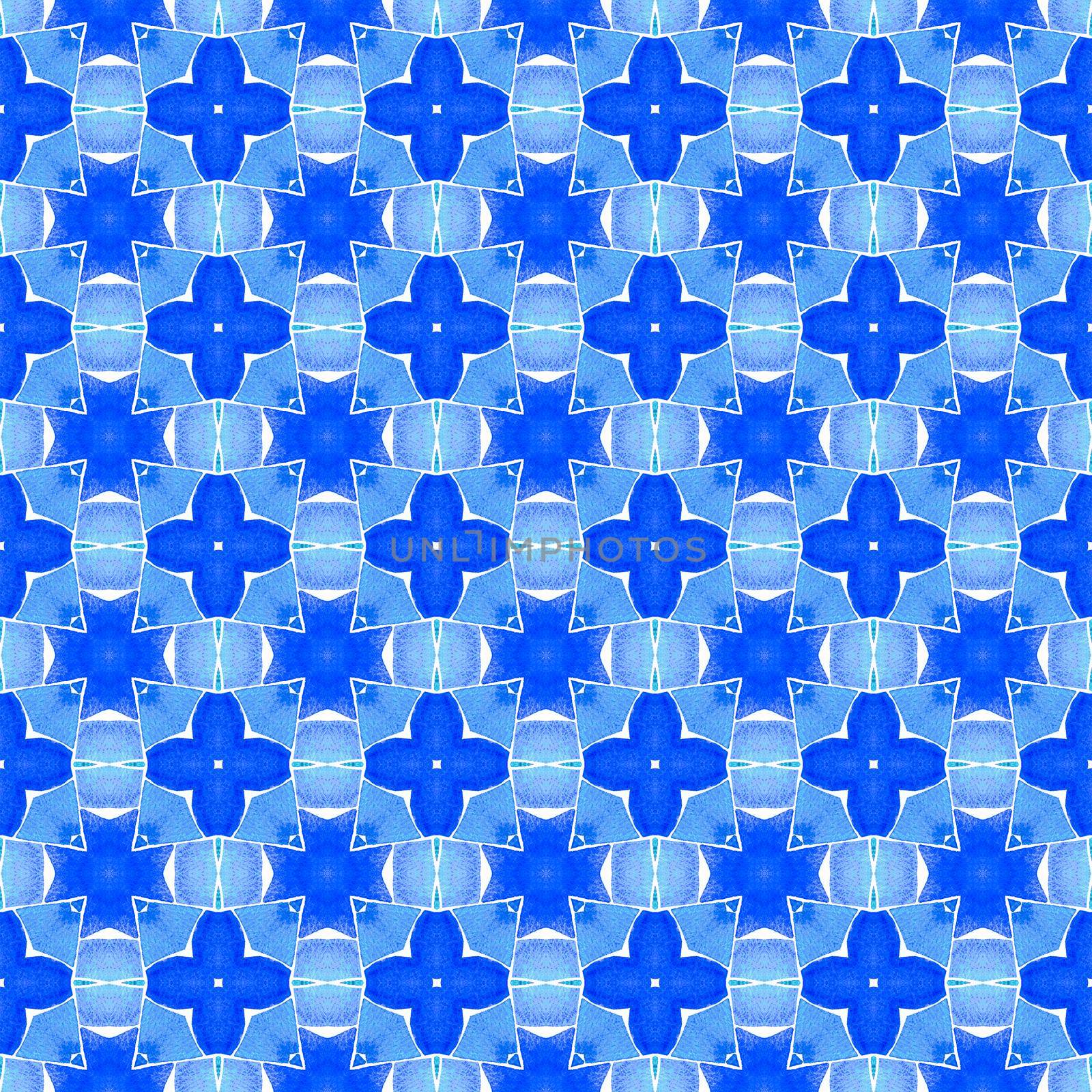 Ikat repeating swimwear design. Blue lively boho chic summer design. Textile ready amazing print, swimwear fabric, wallpaper, wrapping. Watercolor ikat repeating tile border.