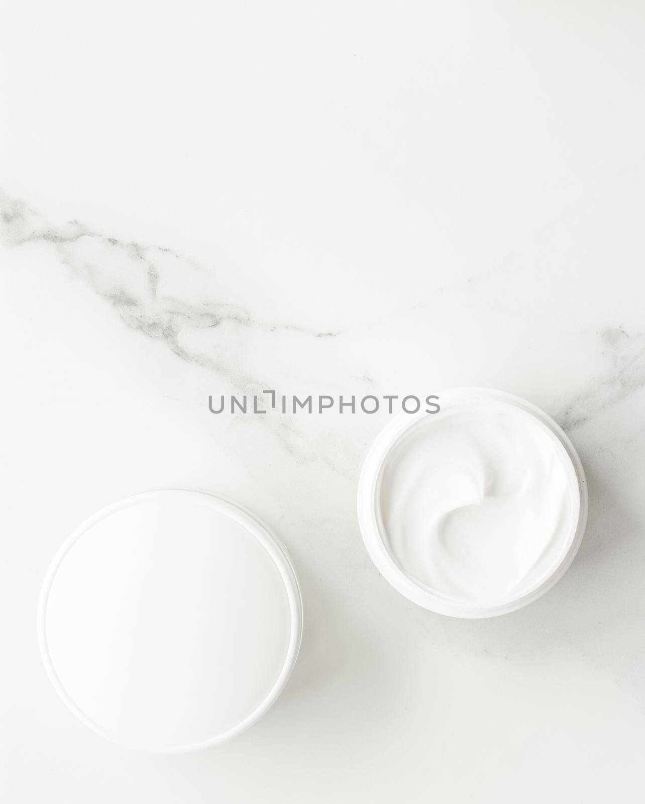 All-natural emulsion cream on marble, flatlay - skincare and body care, luxury spa and clean cosmetic concept. Time for organic beauty treatment