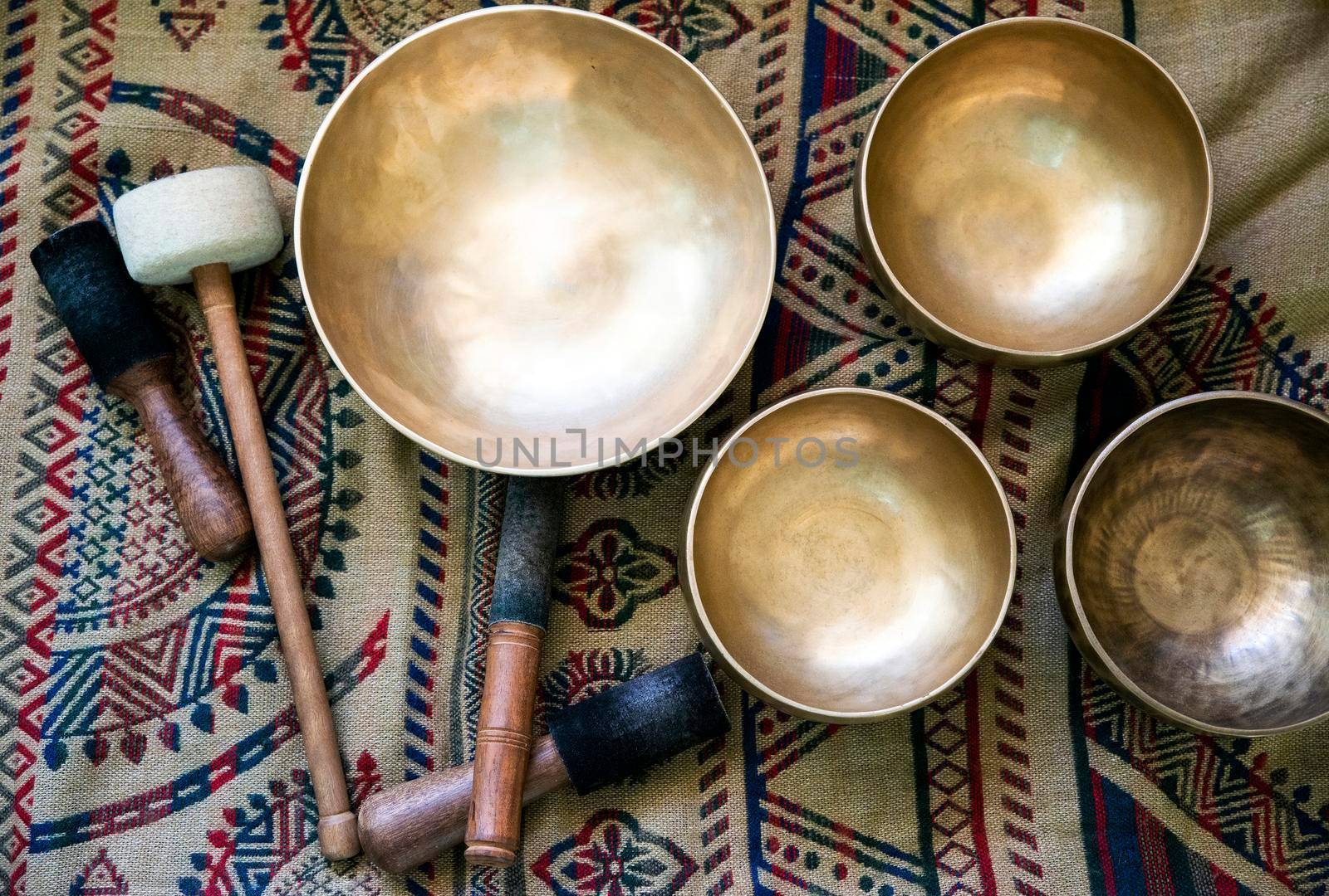 Accessories for a sound massage. Tibetan singing bowls treatment