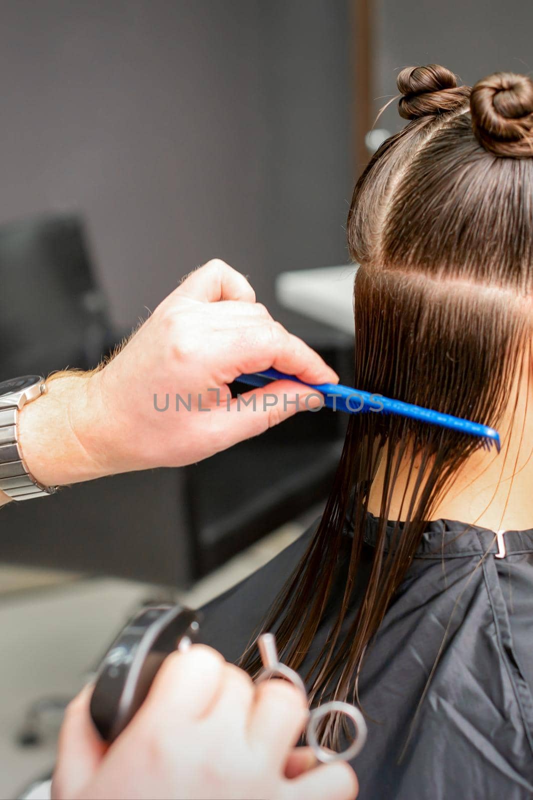 Rear View of male hairdresser combing wet hair of young caucasian woman divides into sections in a hair salon