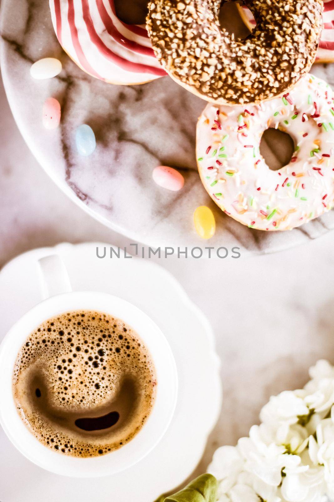 Vintage cup of flavored espresso, flatlay - perfect breakfast and feminine styled concept. I love my morning coffee