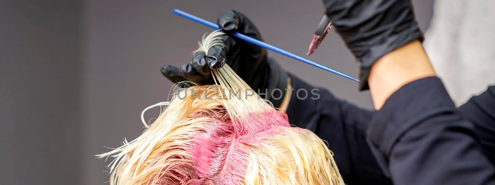 Close up of hairdresser's hands applying pink dye on woman's blonde hair at a hair salon