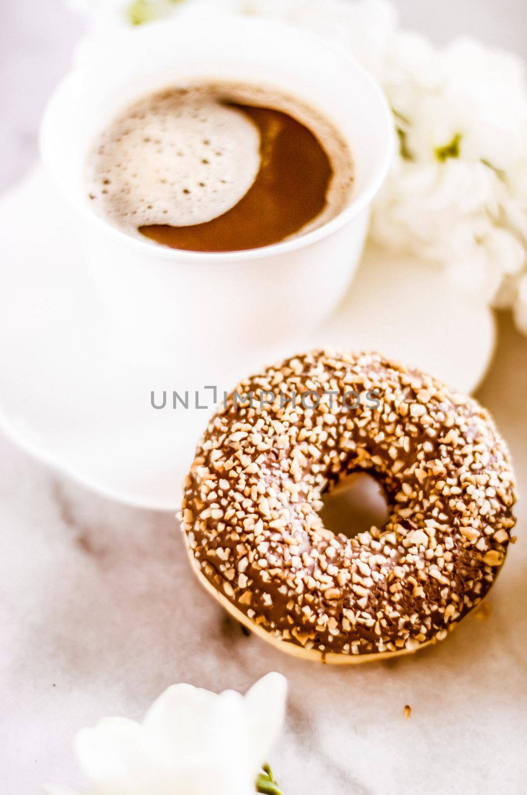 Vintage cup of flavored espresso, flatlay - perfect breakfast and feminine styled concept. I love my morning coffee