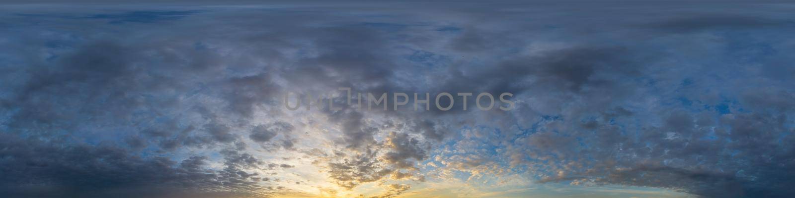 Dark blue sunset sky panorama with pink Cumulus clouds. Seamless hdr 360 pano in spherical equirectangular format. Full zenith for 3D visualization, game, sky replacement for aerial drone panoramas