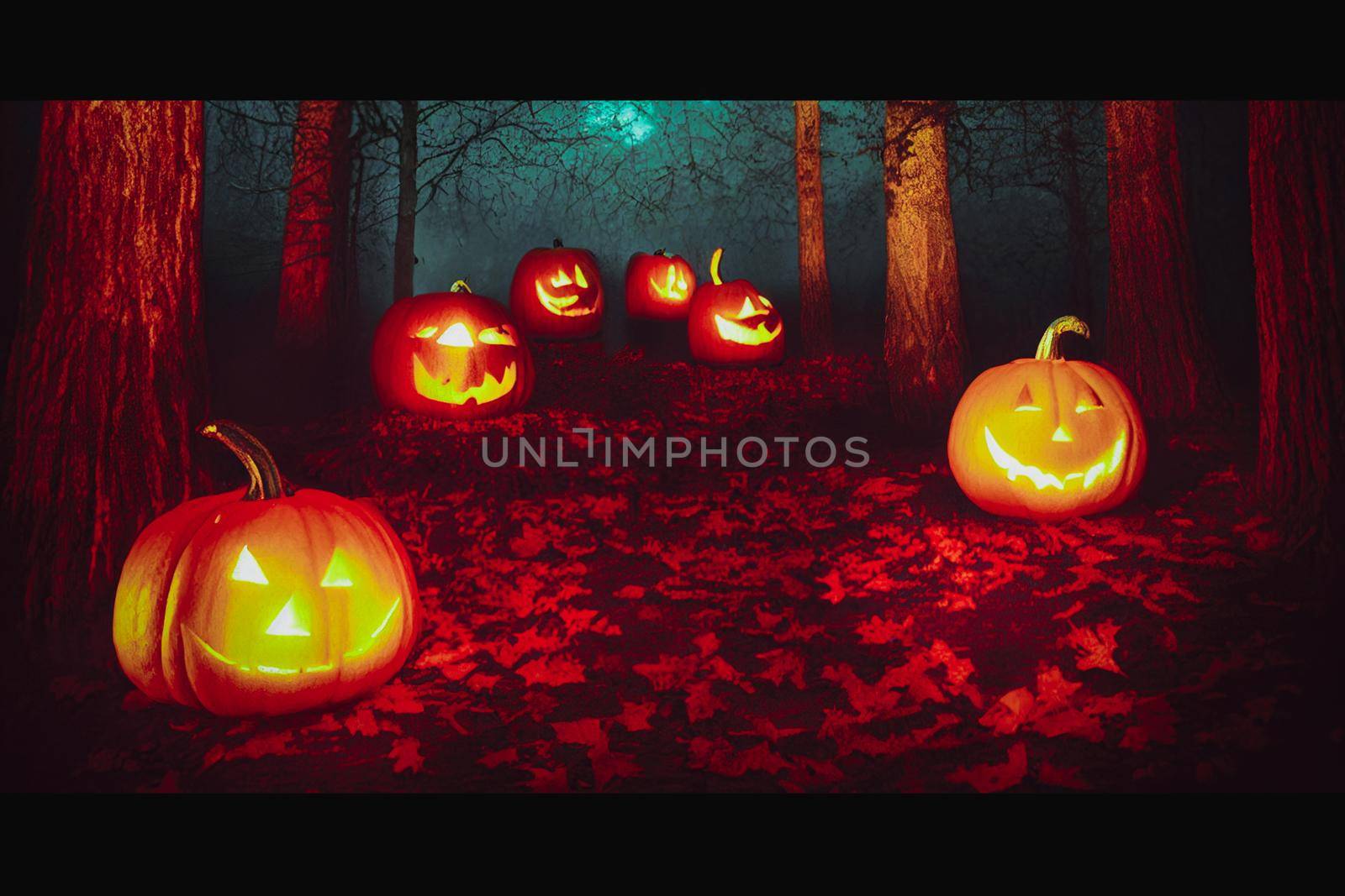 Halloween Pumpkins In A Spooky Forest At Night. 3D illustration.