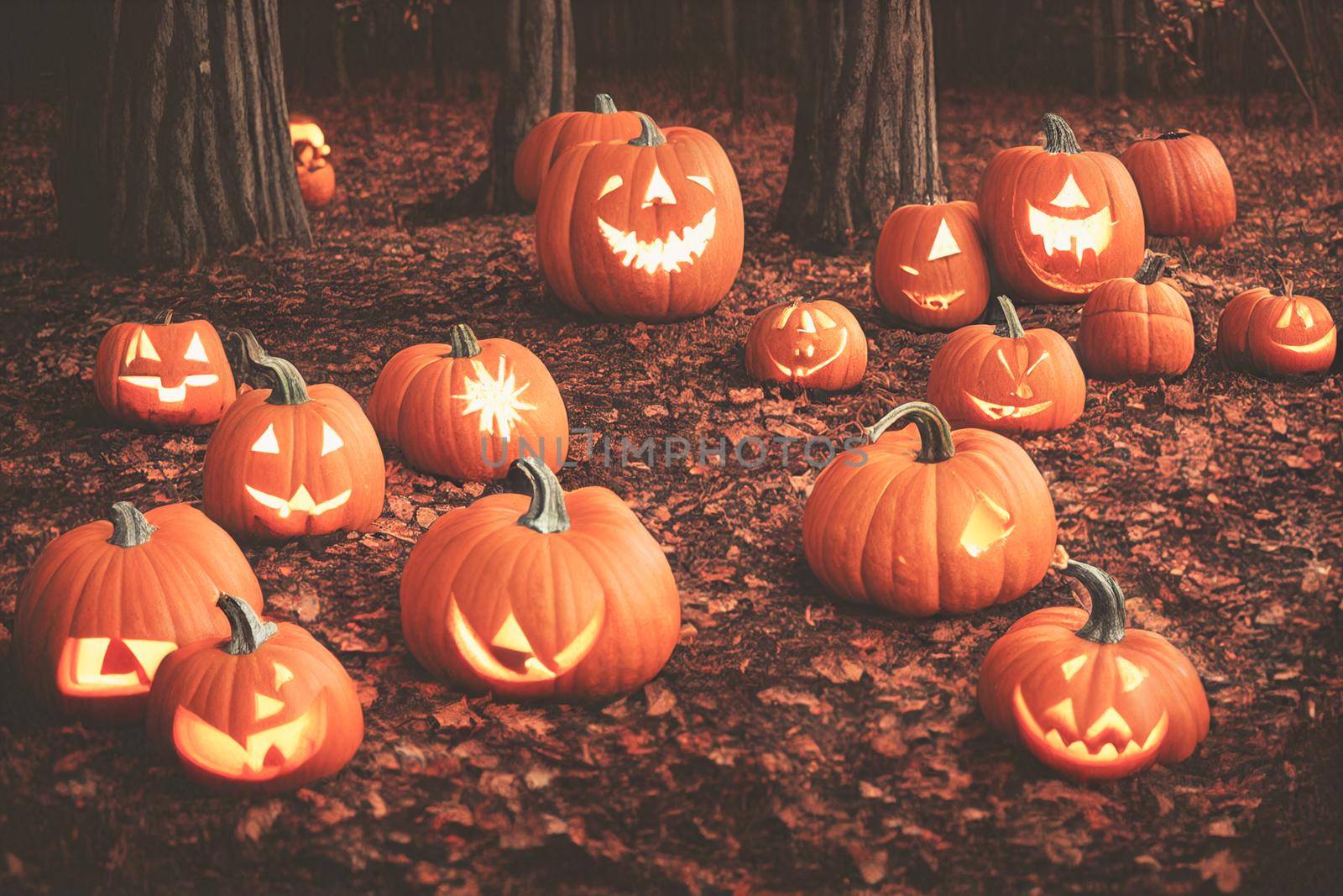 Halloween Pumpkins In A Spooky Forest At Night. 3D illustration.