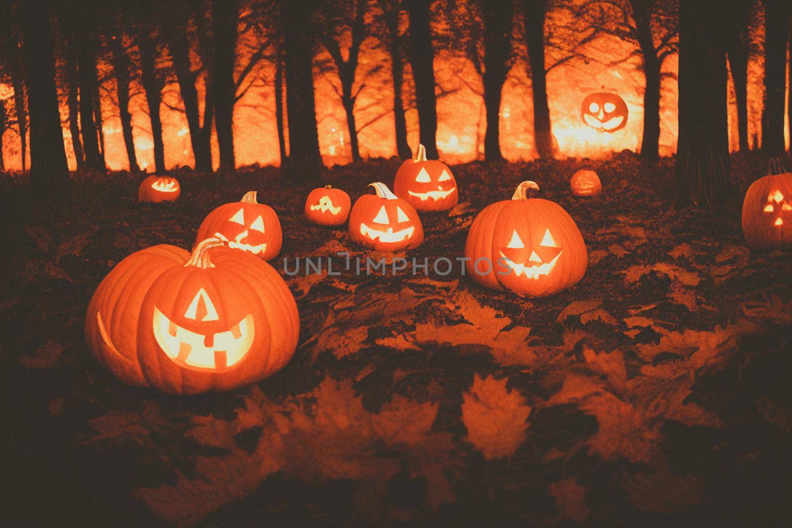 Halloween Pumpkins In A Spooky Forest At Night. 3D illustration.