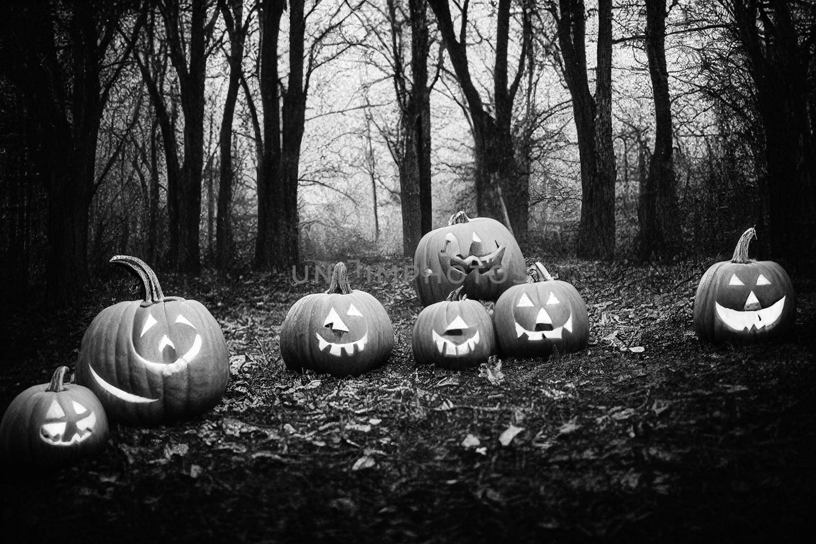 Halloween Pumpkins In A Spooky Forest At Night. 3D illustration.