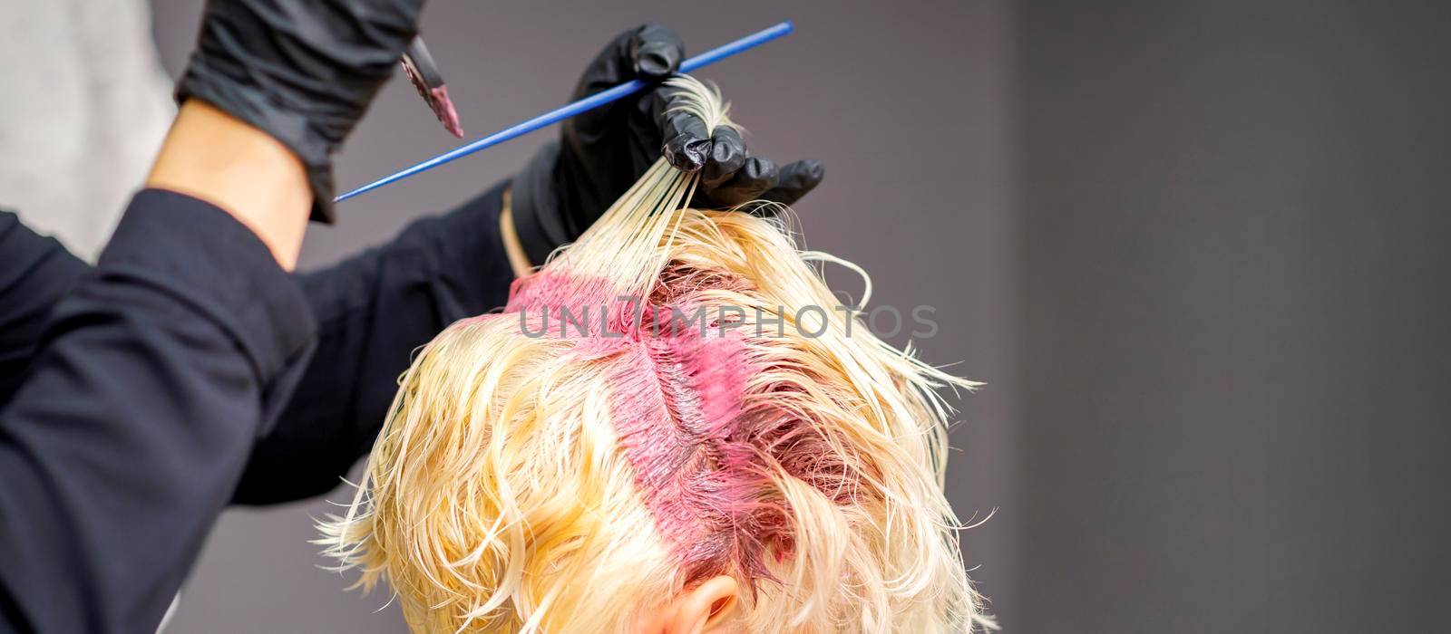 Close up of hairdresser's hands applying pink dye on woman's blonde hair at a hair salon